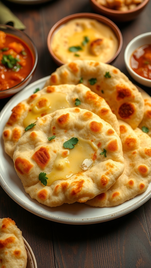 A delicious kulcha being served hot from the oven, garnished with fresh herbs and spices